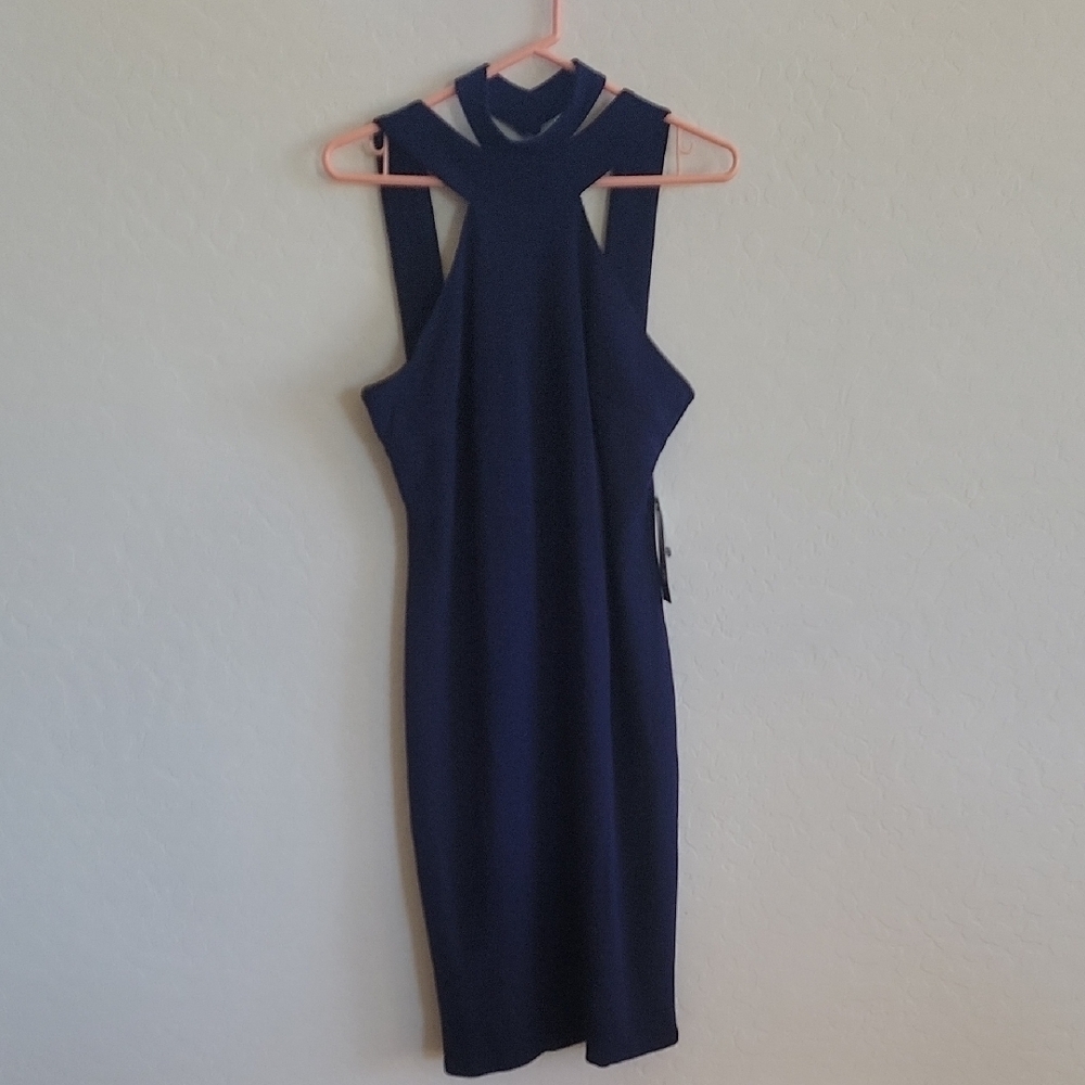 Bebe Blue Ribbed Cut Out Sheath Dress